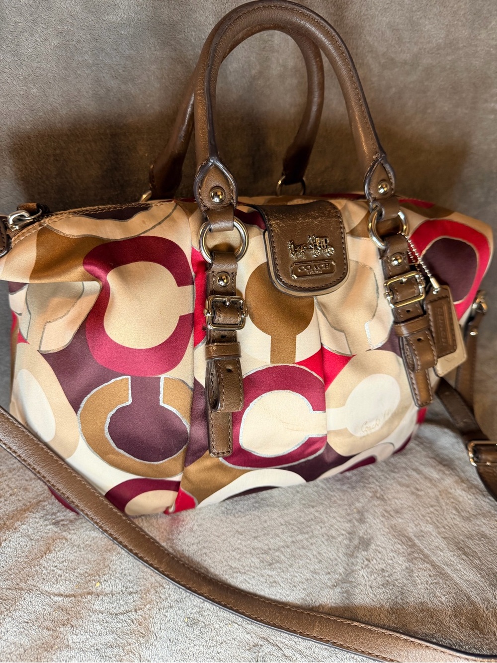 Coach Op Art Multicolor Satin Monogram Satchel with Brown Leather Trim - Picture 2 of 11
